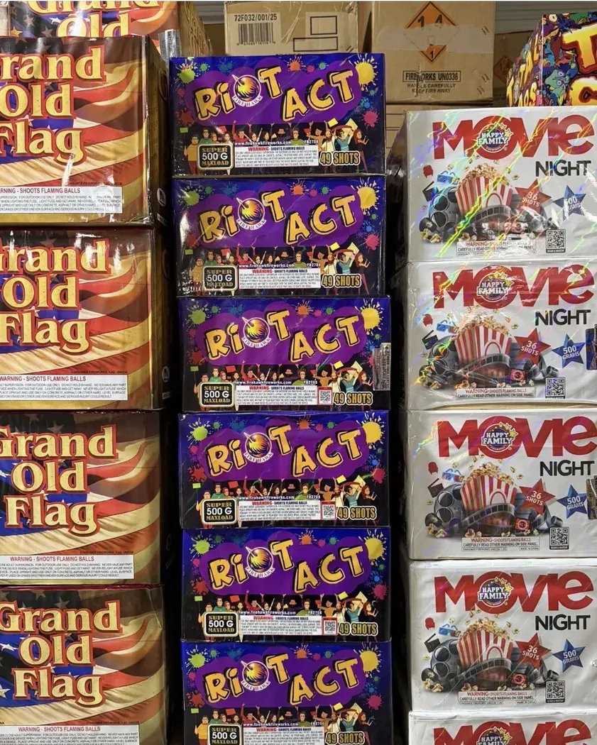Riot Act, Grand Old Flag, and Movie Night fireworks stacked in the showroom