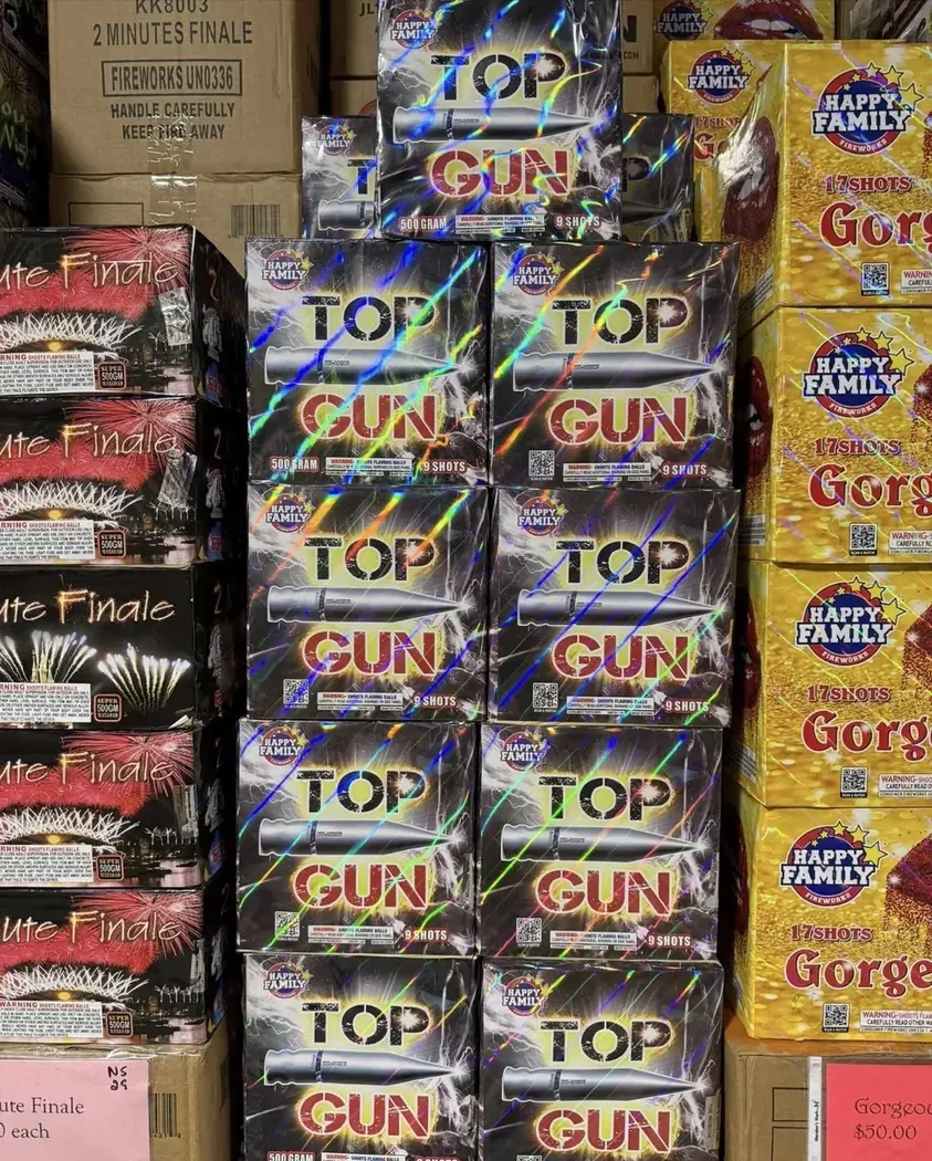 Top Gun, Gorgeous, and 2 Minute Finale fireworks display stacks