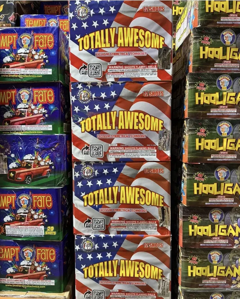 Totally Awesome, Hooligan, and Tempt Fate fireworks display stacks
