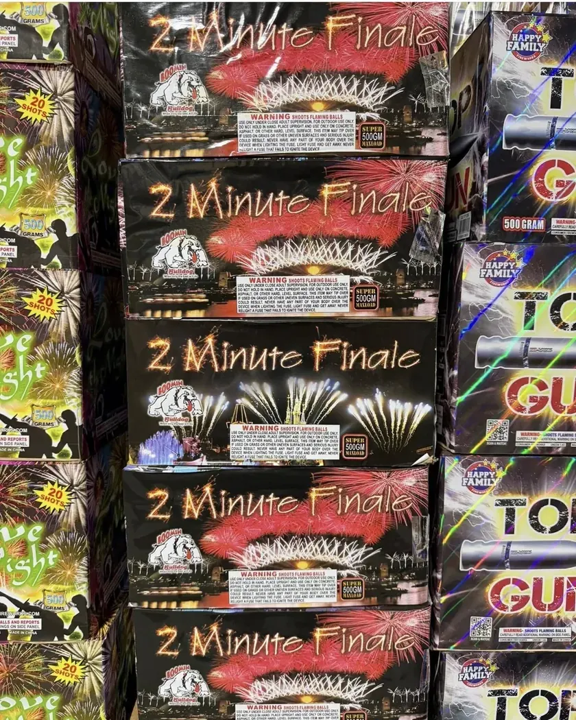 2 Minute Finale 500 gram fireworks stacked in the showroom